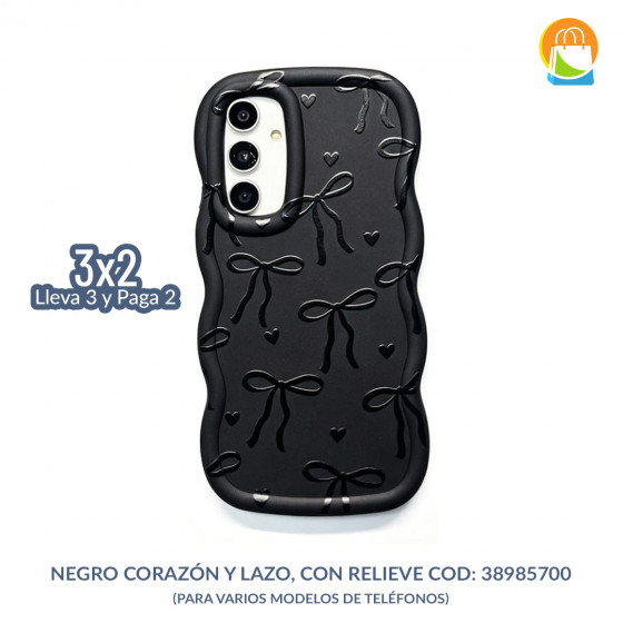 Funda de teléfono con diseño negro corazón y lazo, con relieve. COD: 38985700