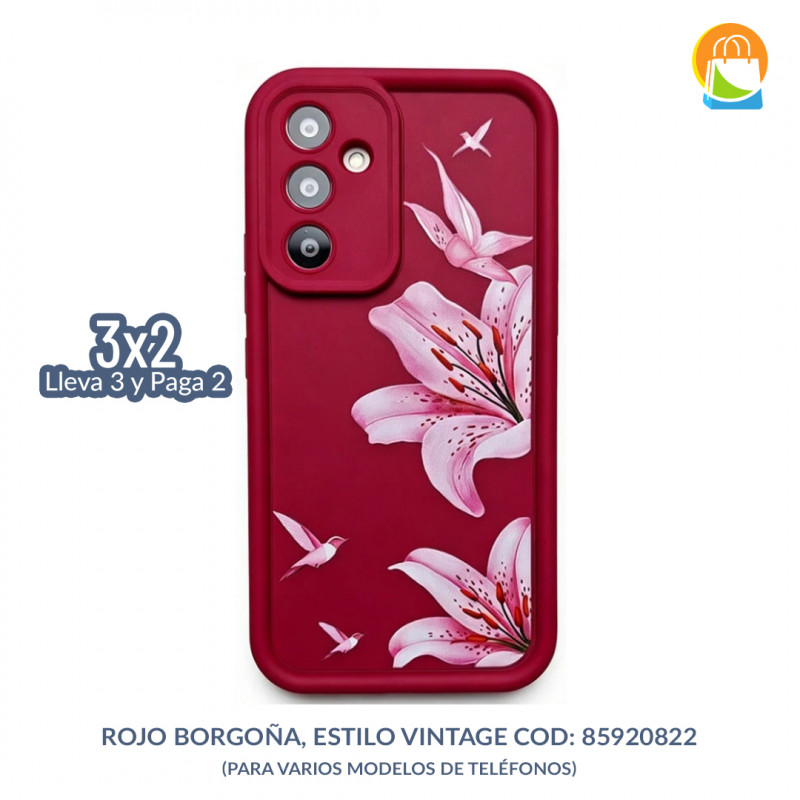 Funda Anti-Caída Cobertura Completa – Con Flor Rosa y Marco Borgoña | COD: 85920822