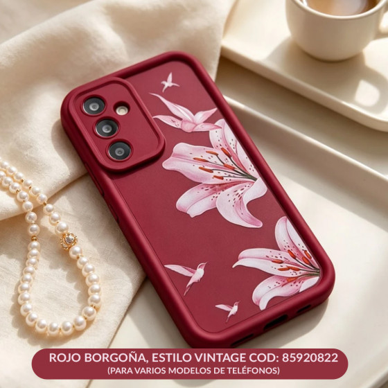 Funda Anti-Caída Cobertura Completa – Con Flor Rosa y Marco Borgoña | COD: 85920822