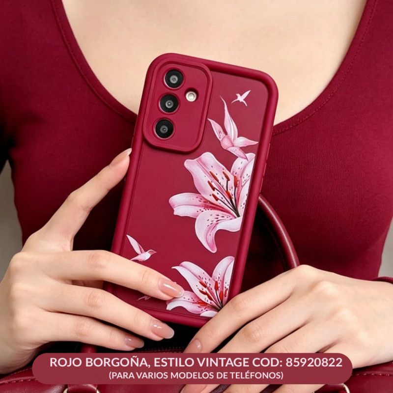 Funda Anti-Caída Cobertura Completa – Con Flor Rosa y Marco Borgoña | COD: 85920822